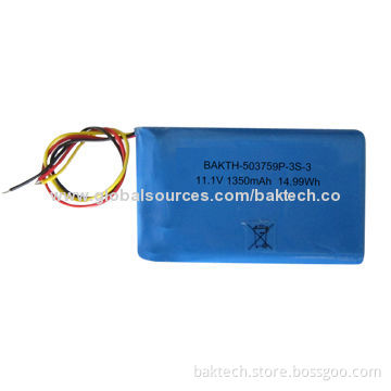 Lithium-ion polymer battery pack, 503759P 3S1P 11.1V 1350mAh, with protection circuit and 10K NTC